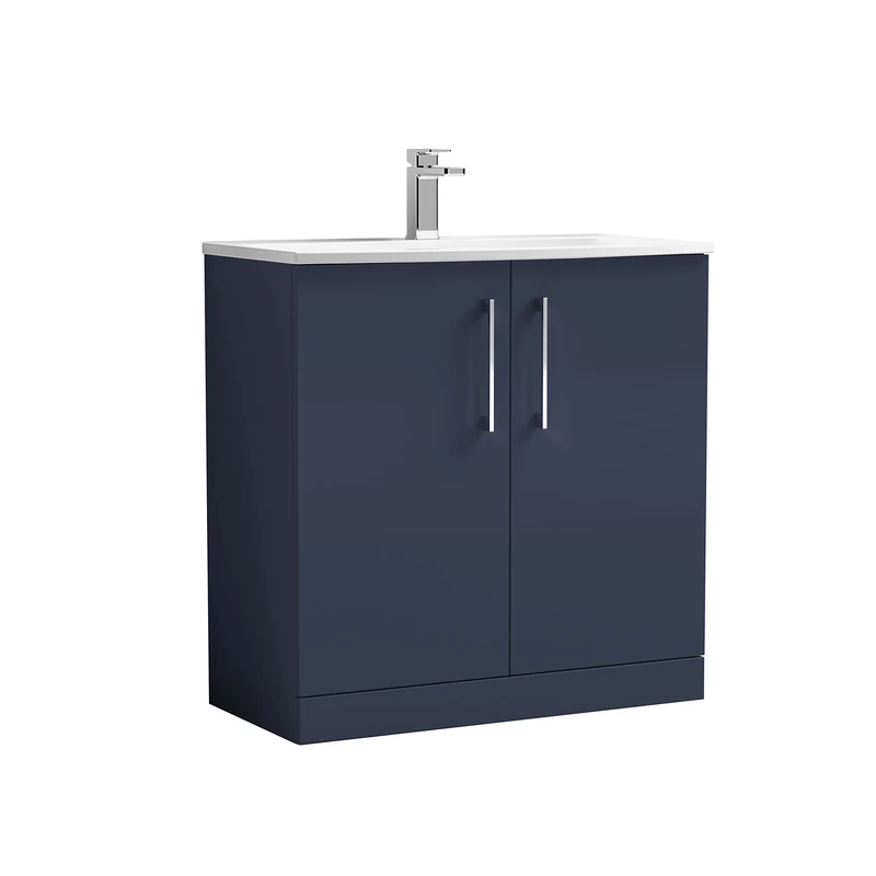 nuie ARN2905G Arno Modern Bathroom Floor Standing 2 Soft Close Door Vanity Unit and Curved Basin, 800mm, Midnight Blue