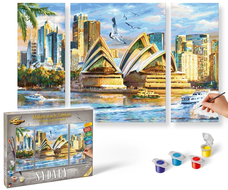 Schipper Paint by Numbers - Sydney Cityscape - Acrylic Art Craft Kit for Adults - 50 x 80 cm Triptych - Includes Brush and Paints - Not Foldable