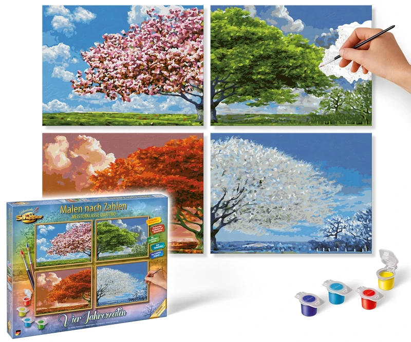 Schipper Quattro 609340902 Painting by Numbers - Four Seasons - Painting Pictures for Adults, Includes Brush and Acrylic Paints, 18 x 24 cm Each