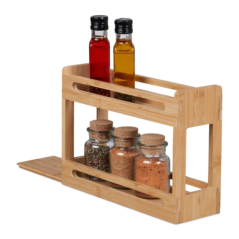 Relaxdays Spice Rack, Bamboo, Extendable, 2 Tiers for Jars and Bottles, HWD: 21.5 x 30.5 x 10.5 cm, Organiser, Natural