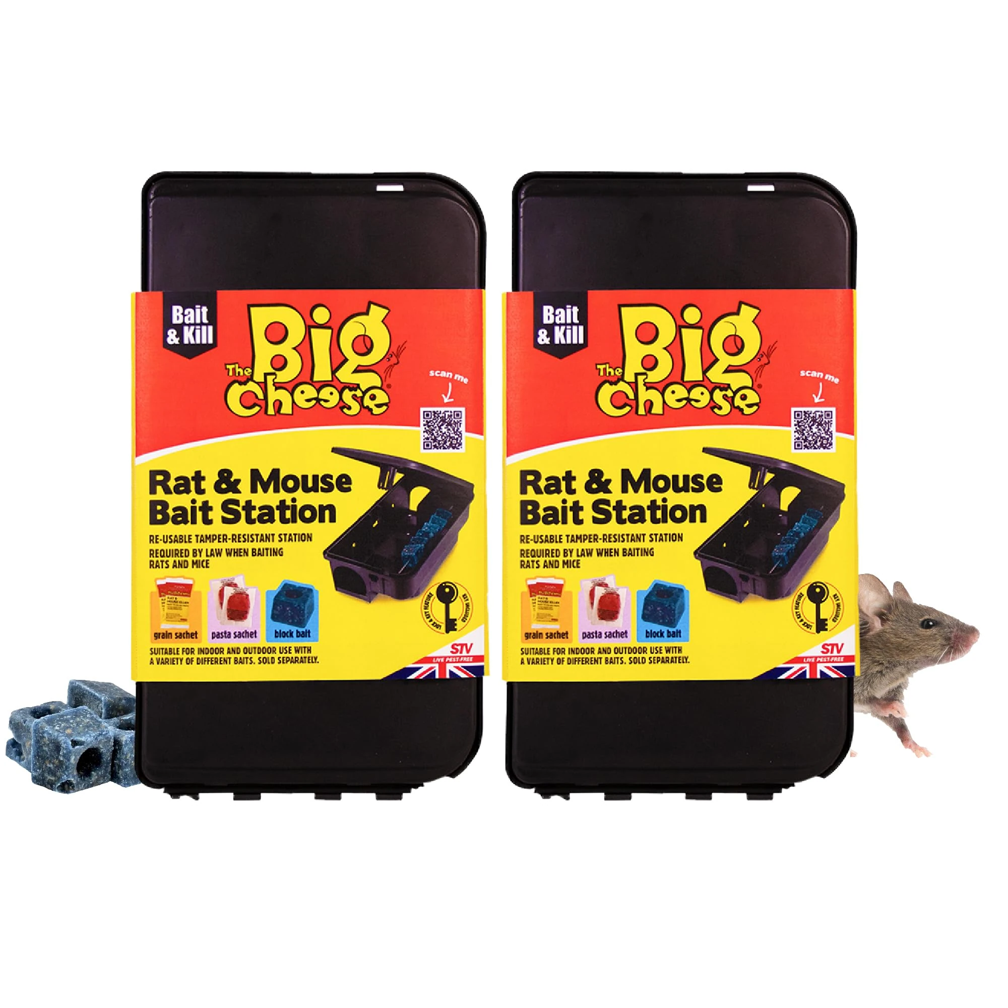 The Big Cheese Rat & Mouse Bait Station - Reusable Tamper-Resistant & Weather-Proof Rat Bait Box for Rat Poison - Lockable Lid, Compatible with Various Baits - For Indoor & Outdoor Use, Multi Pack X2