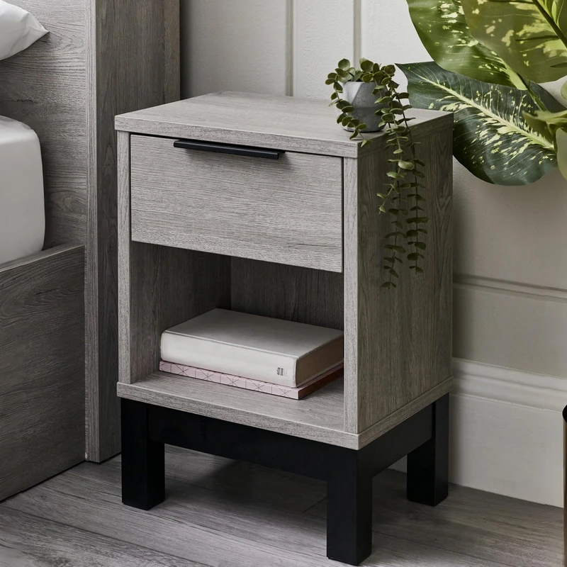 Julian Bowen Bali 1 Drawer Bedside-Grey Oak, Engineered Wood, 50 x 35 x 26cm