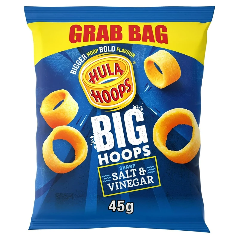 Hula Hoops BIG HOOPS SALT & VINEGAR Grab Bag Crisps 45g Bags, Case of 36 - Bigger Hoop, bold flavour. Bigger than standard sized Hula Hoops, No Artificial Colours or Flavours, Suitable for Vegetarians