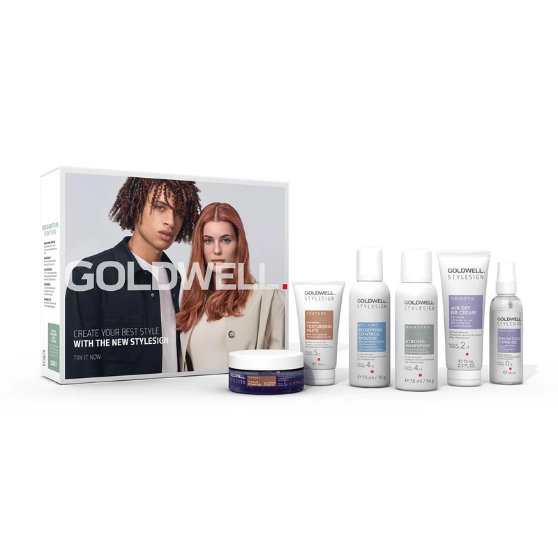 Goldwell StyleSign Discovery Hair Styling Set, including Hairspray, Control Mousse, Weightless Shine Hair Oil, Air-Dry BB Cream, Styling Gel, Texturizing Spray