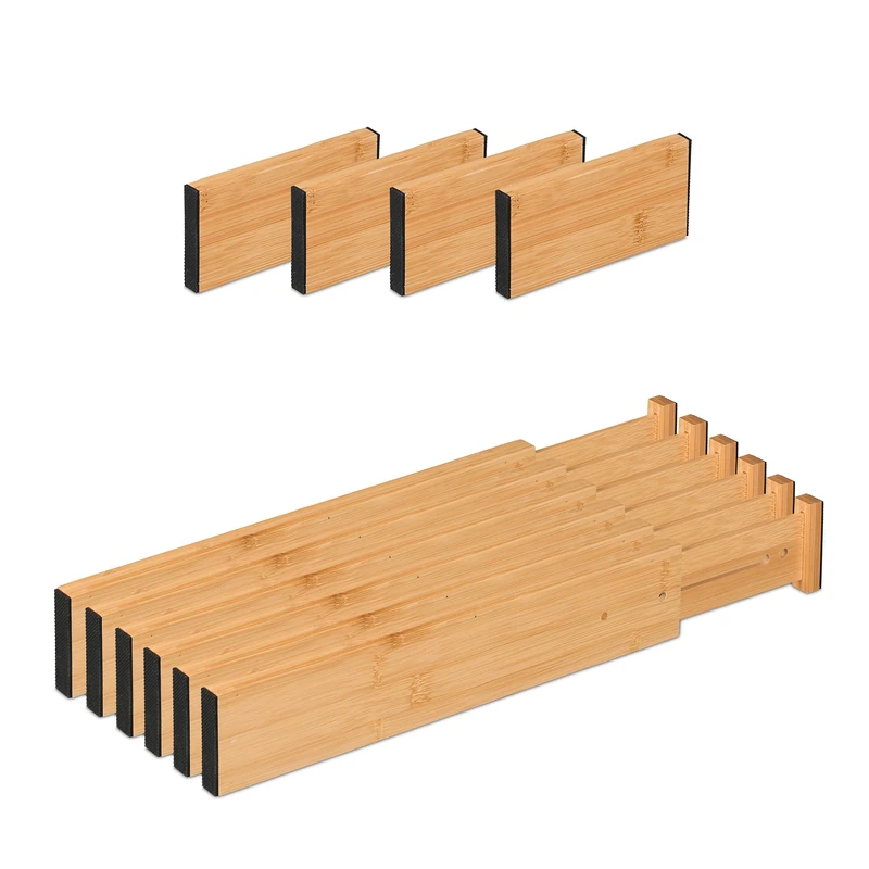 Relaxdays Drawer Divider, Set of 10, Adjustable Length from 34 to 44 cm, Kitchen Storage, Organiser, Bamboo, Natural, 6 x 44 x 2 cm