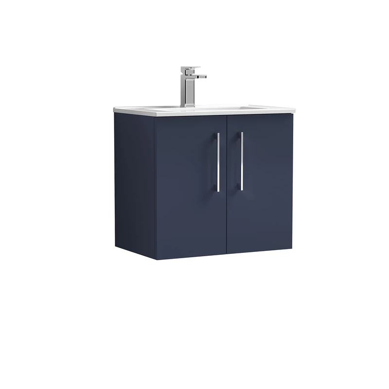 nuie ARN2923B Arno Modern Bathroom Wall Hung 2 Soft Close Door Vanity Unit and Minimalist Basin, 600mm, Midnight Blue