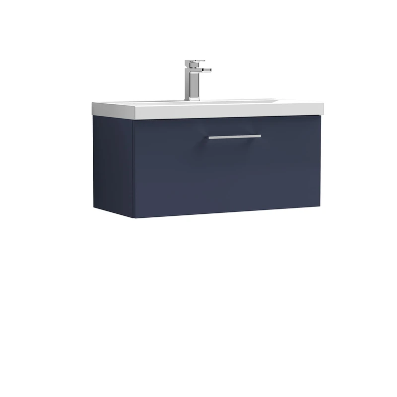 nuie ARN2925A Arno Modern Bathroom Wall Hung 1 Soft Close Drawer Vanity Unit and Mid-Edge Basin, 800mm, Midnight Blue