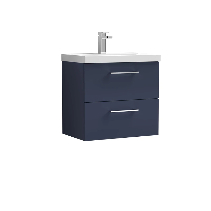 nuie ARN2924A Arno Modern Bathroom Wall Hung 2 Soft Close Drawer Vanity Unit and Mid-Edge Basin, 600mm, Midnight Blue