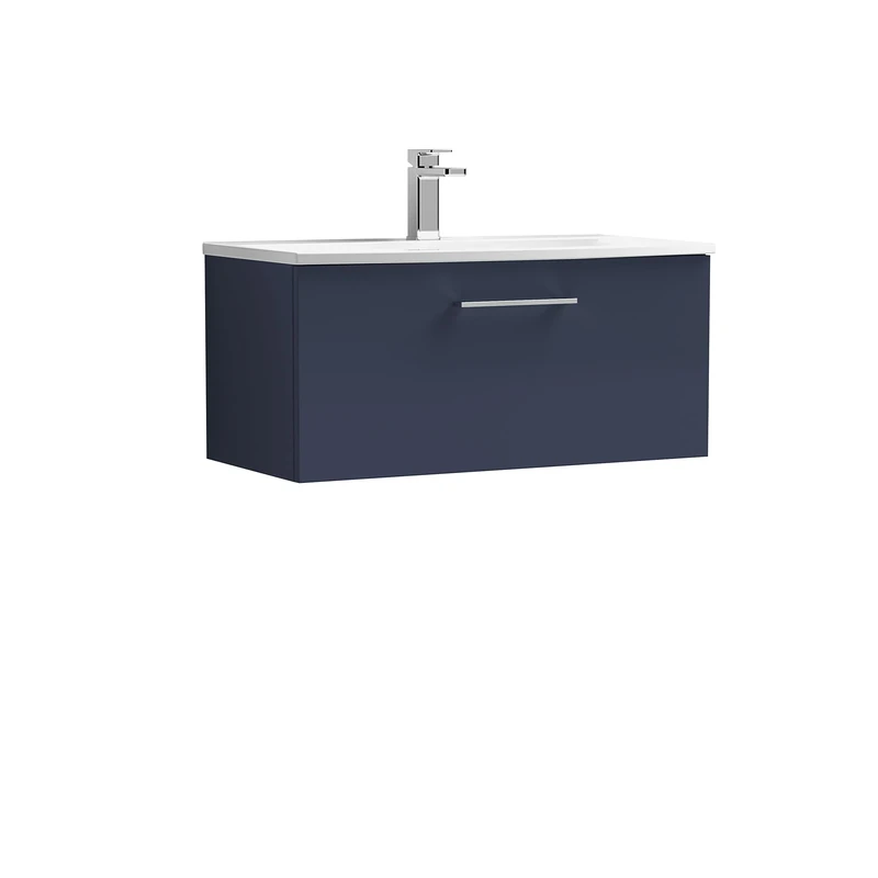 nuie ARN2925G Arno Modern Bathroom Wall Hung 1 Soft Close Drawer Vanity Unit and Curved Basin, 800mm, Midnight Blue