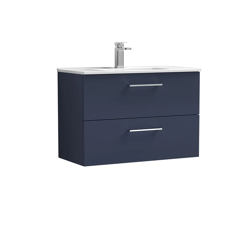 nuie ARN2926B Arno Modern Bathroom Wall Hung 2 Soft Close Drawer Vanity Unit and Minimalist Basin, 800mm, Midnight Blue