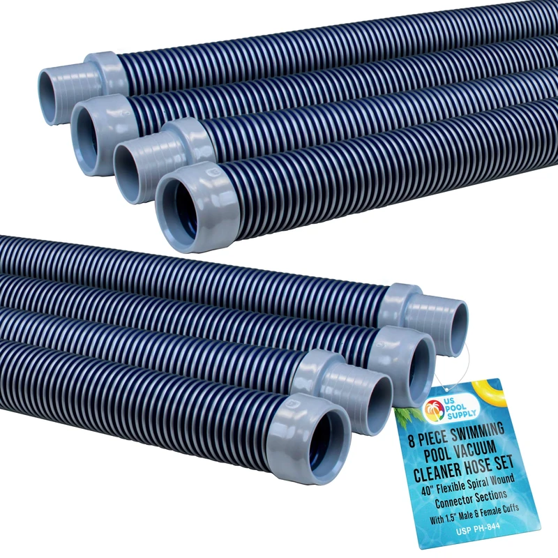 U.S. Pool Supply Professional 8 Piece Swimming Pool Vacuum Cleaner Hose Set, Blue & Gray - 40" Flexible Spiral Wound Connector Sections with 1.5" Male & Female Cuffs, Fits Most Automatic Pool Cleaners