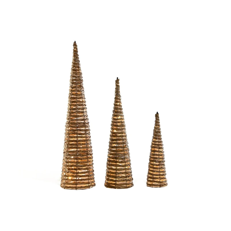Cone Set of 3 LED Ratan 20 x 20 x 80 cm Natural