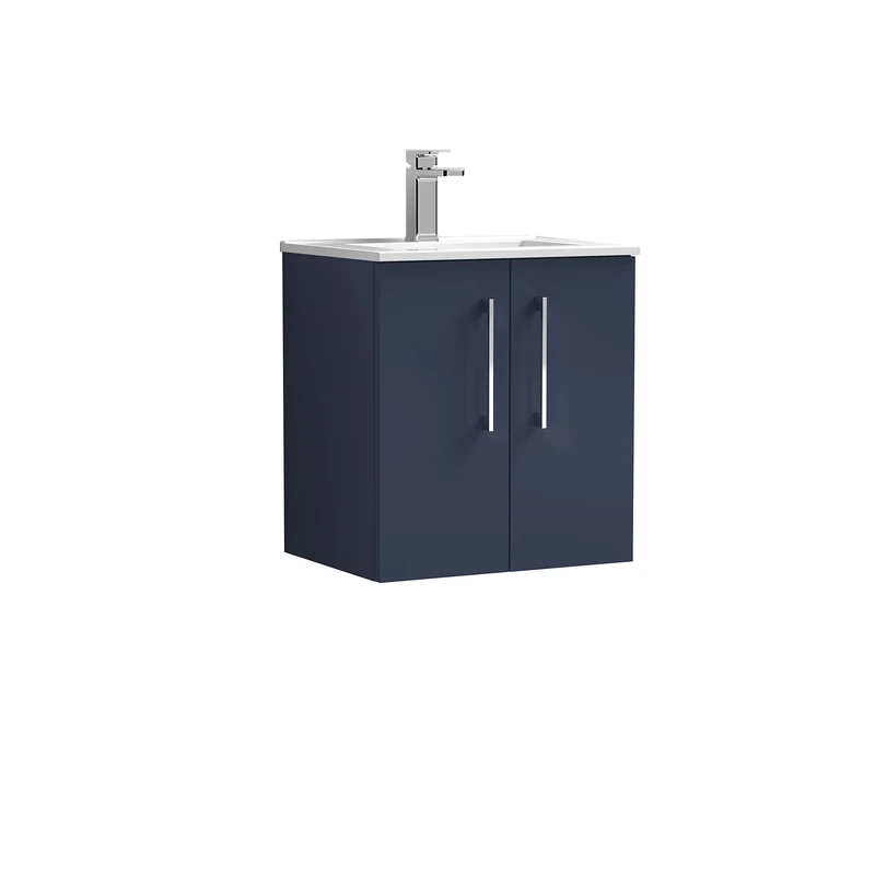 nuie ARN2921B Arno Modern Bathroom Wall Hung 2 Soft Close Door Vanity Unit and Minimalist Basin, 500mm, Midnight Blue