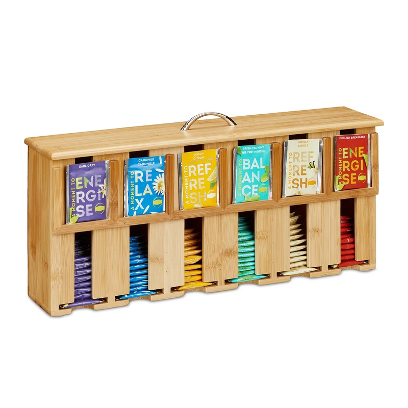 Relaxdays Organiser, 6 Compartments, Bamboo, HWD: 22 x 46.5 x 10.5 cm, Teabag Dispenser, Tea Rack, Natural/Silver