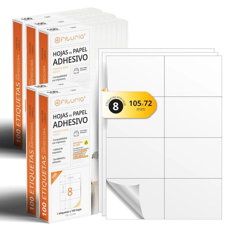 White Adhesive Labels, Create Your Custom Stickers for Any Surface, A4 Paper Safe Adhesive, Adhesive Label to Print - Ophituria (8 per Sheet, 500h)
