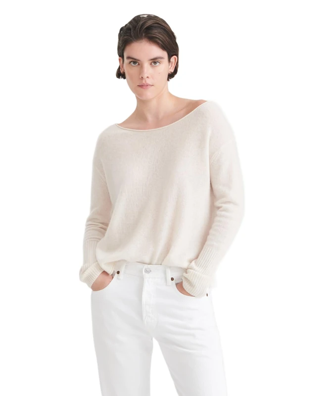 NAADAM Women's Cashmere Boatneck Sweater, White, 2X