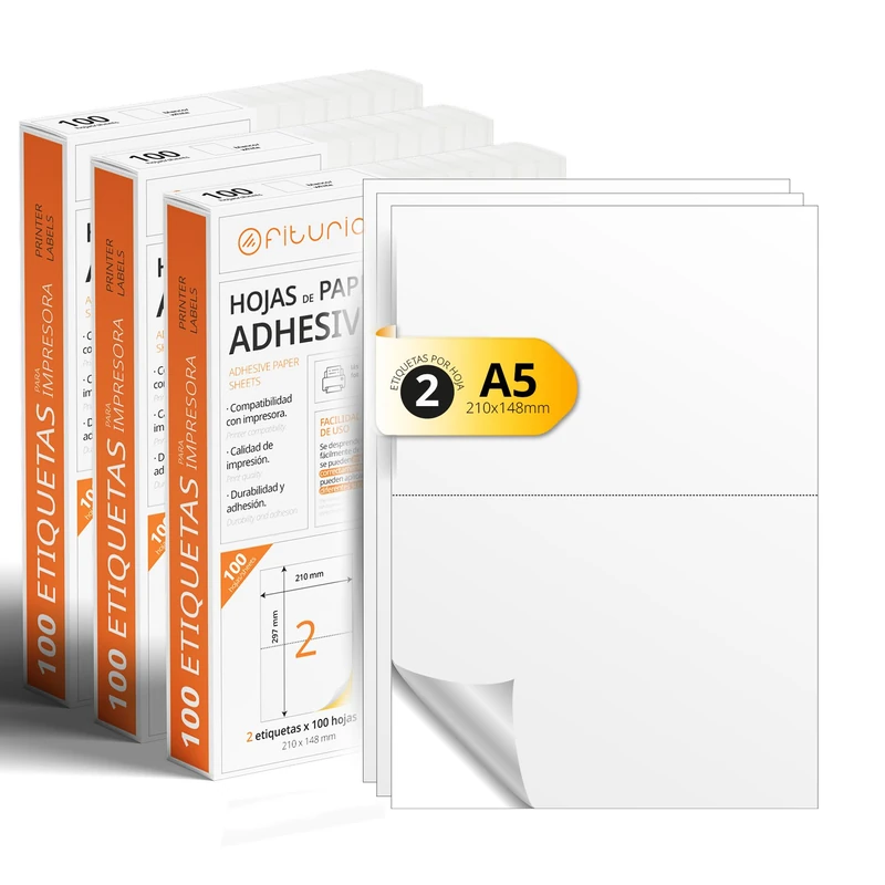 White Adhesive Labels, Create Your Custom Stickers for Any Surface, A4 Paper Safe Adhesive, Adhesive Label for Printing - Ophituria (2 per Sheet, 300h)