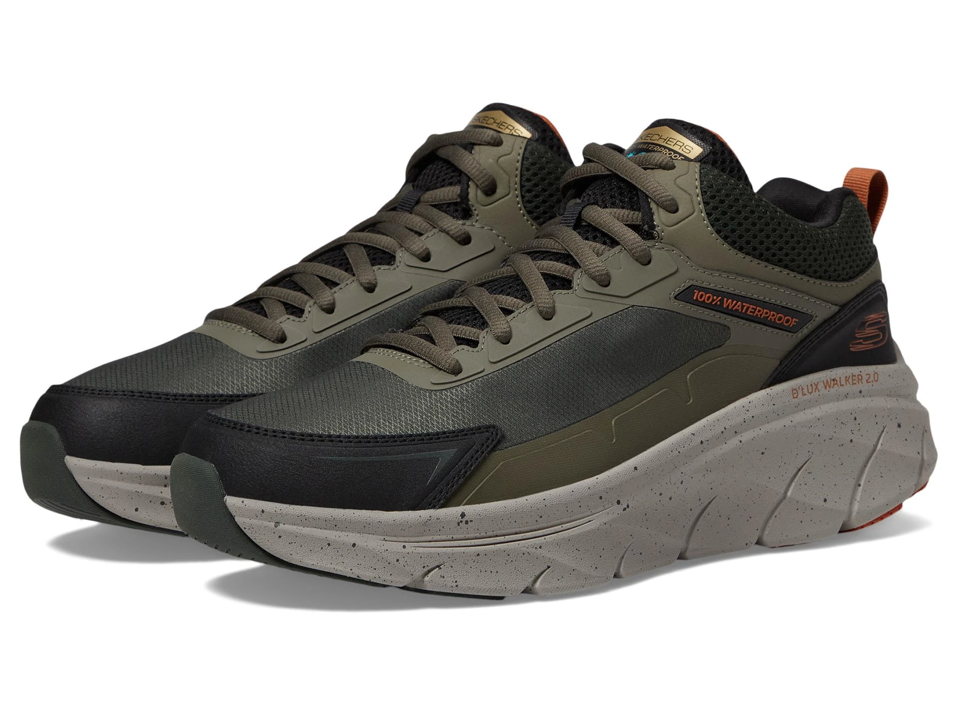 Skechers Men's D'lux Walker 2.0 Grailo Waterproof Sneaker, Olive/Orange, 6.5 X-Wide