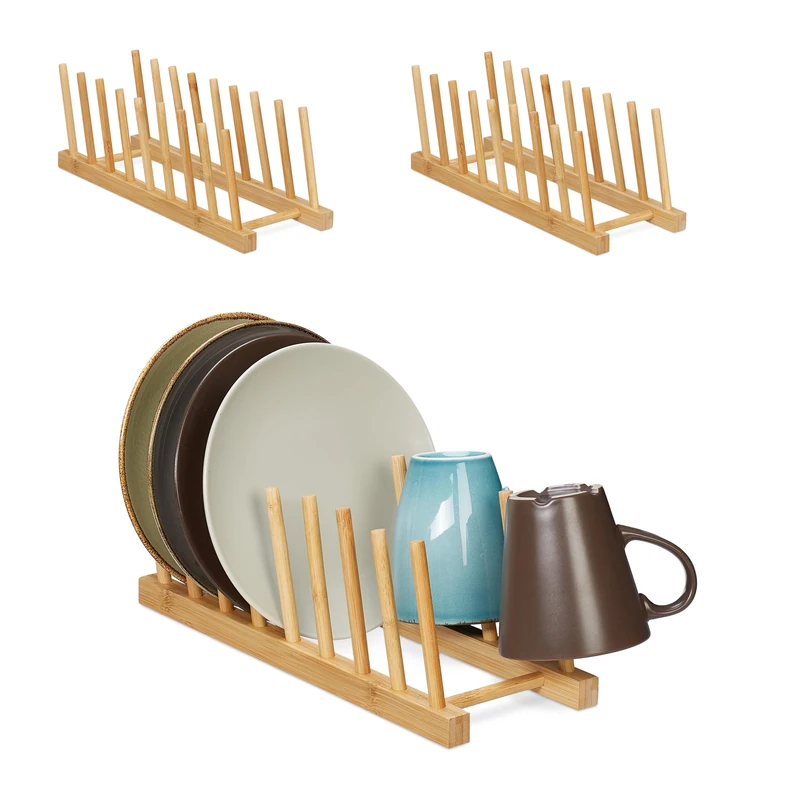 Relaxdays Set of 3 Dish Drainer, Drying Rack, Plates, Cutting Boards, HWD: 12 x 12.5 x 34 cm, Kitchen, Bamboo, Natural