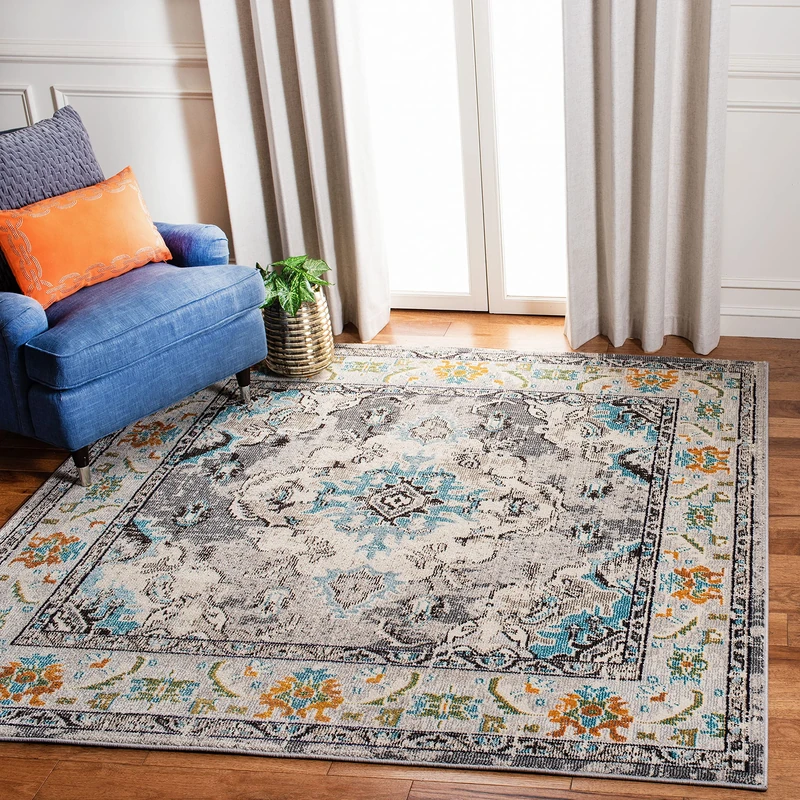 Safavieh Boho Rug for Living Room, Dining Room, Bedroom - Monaco Collection, Short Pile, in Grey and Light Blue, 120 x 120 cm