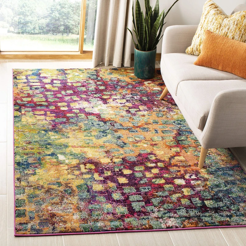 Safavieh Boho Rug for Living Room, Dining Room, Bedroom - Monaco Collection, Short Pile, in Pink and Multi, 120 x 120 cm