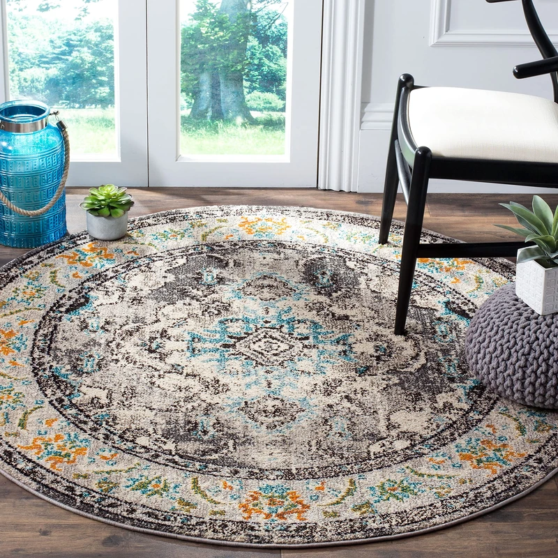 Safavieh Boho Rug for Living Room, Dining Room, Bedroom - Monaco Collection, Short Pile, in Grey and Light Blue, 120 x 120 cm