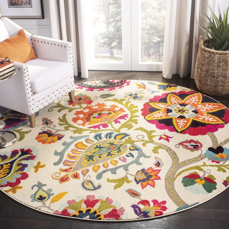 Safavieh Boho Rug for Living Room, Dining Room, Bedroom - Monaco Collection, Short Pile, in Ivory and Multi, 120 x 120 cm