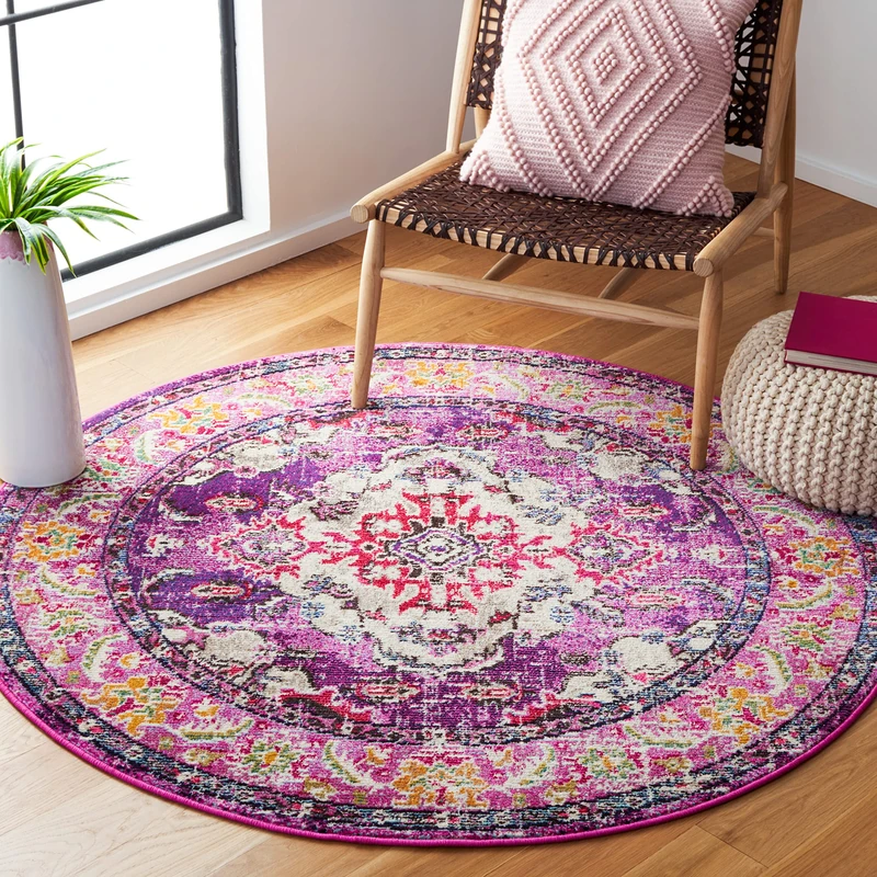 Safavieh Monaco Collection Boho Rug for Living Room Dining Room Bedroom Short Pile Purple and Fuchsia 120 x 120 cm