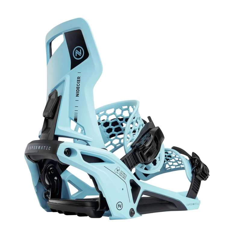 Nidecker Supermatic Snowboard Bindings – Auto Open System with Reclining Highback – Size XL – Escape Cyan