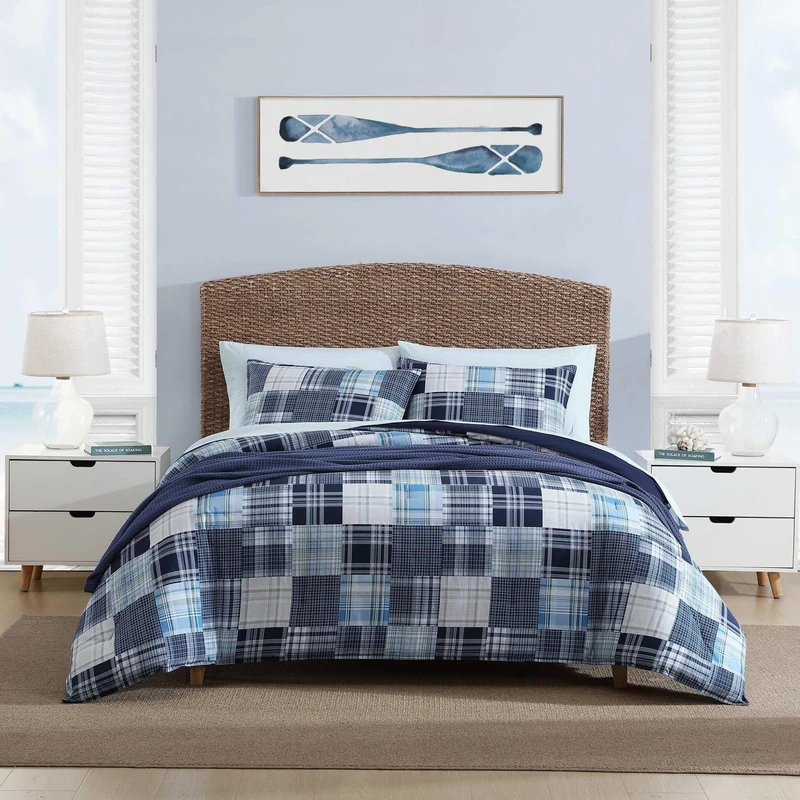 Nautica - Twin Comforter Bed Set, Soft Cotton Bed Covers with Matching Sham, Patchwork Inspired Home Decor (Mason Blue, TwinTwin XL)