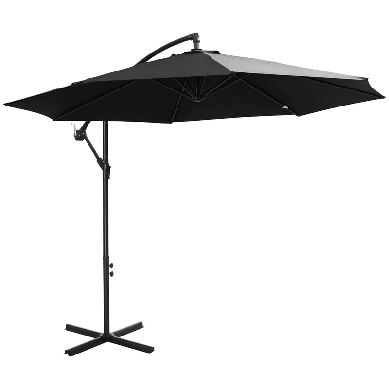 Outsunny 3(m) Garden Banana Parasol Hanging Cantilever Umbrella with Crank Handle, 8 Ribs and Cross Base for Outdoor, Sun Shade, Black