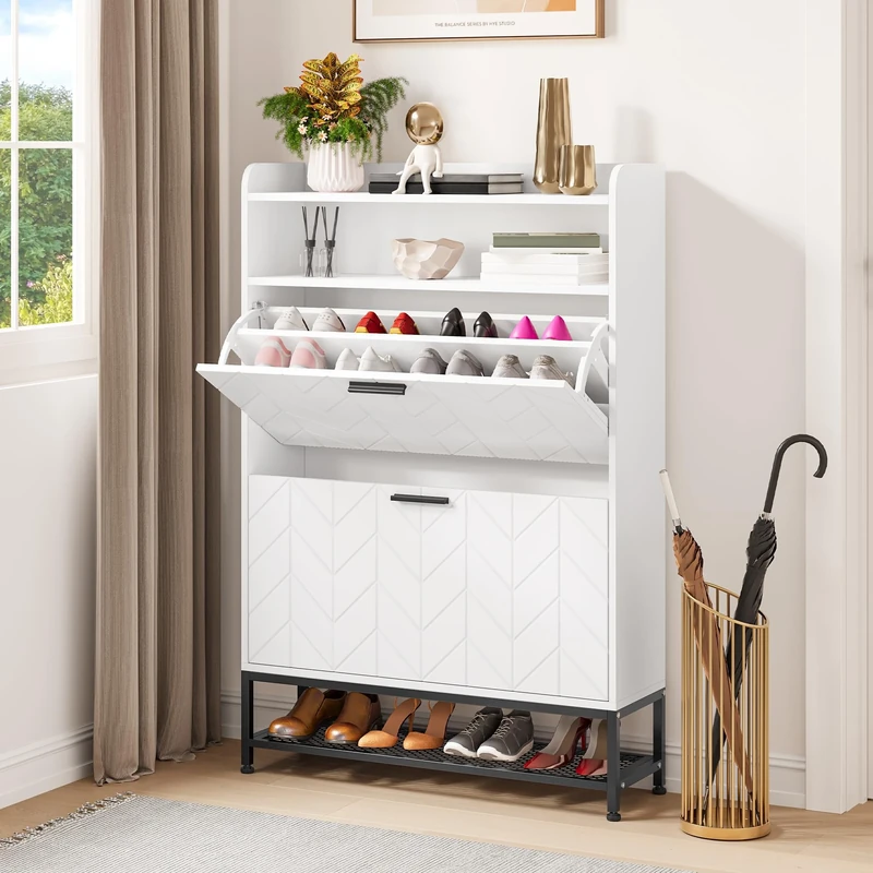 YITAHOME Shoe Storage Cabinet, Wooden Shoe Cabinet with 2 Flip Drawers Floorstanding Shoes Cupboard with Open Shelves and Metal Legs, Shoes Rack for Living Room Entryway Hallway, 24x80x117cm