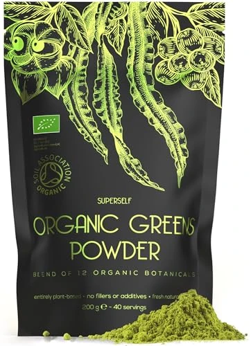 Organic Super Greens Powder - Daily Green Superfood Powder with Matcha, Maca Root, Wheatgrass, Chlorella, Spirulina, Acai Berry - 400g 80 Servings - High in Vitamins, Protein & Fibre