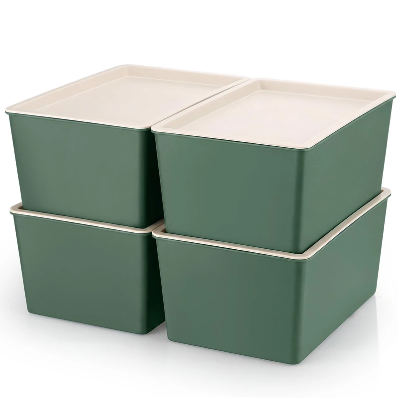 Menkxi 4 Pcs Storage Bins with Lids Plastic Stackable Containers for Classroom Room Organizing Shelves Christmas Ornament Box Baskets(Green,Large)
