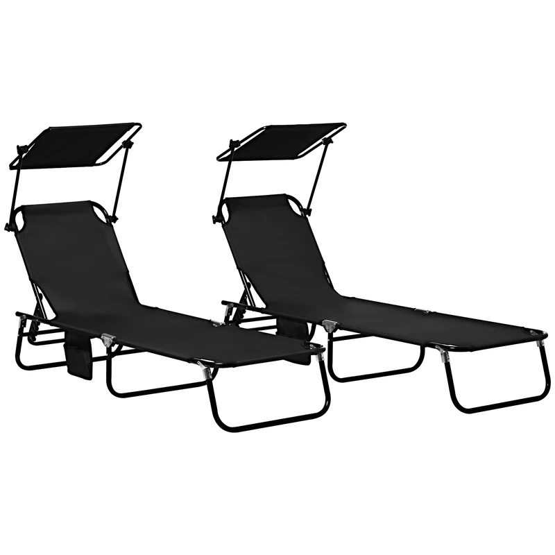 Outsunny 2 Piece Folding Sun Loungers with Sunshade - Black