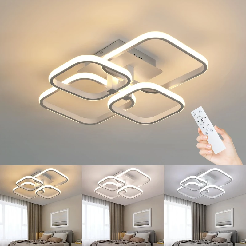 Comely LED Ceiling Lamp, 4 Square 48W 5400LM Dimmable Ceiling Light, White Ceiling Lights Fixtures with Remote Control for Bedroom Hallway Office Kitchen Living Room, 3000K-6500K