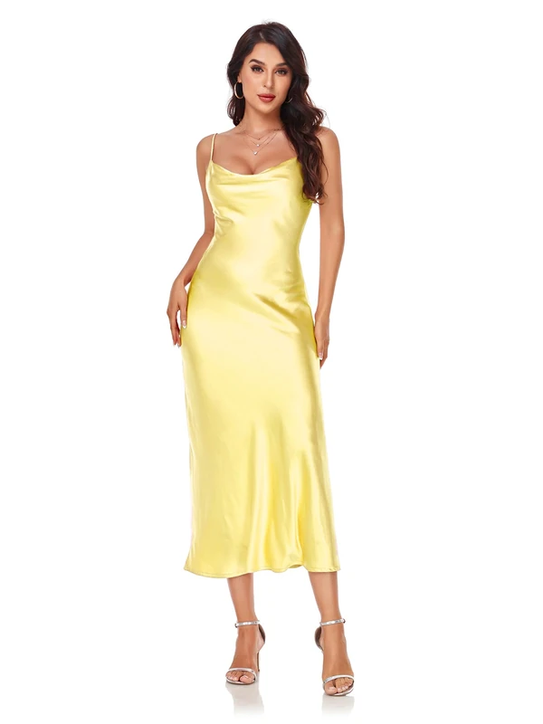 SITELUOYG Women's Spaghetti Strap Midi Satin Silk Dresses Slip Cowl Neck Party Cocktail Evening Sexy Dress, Yellow, L - Image 1