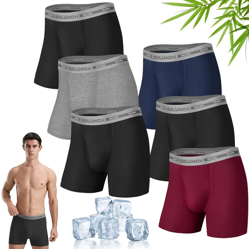 IGOLUMON Men's Bamboo Boxers 6-Pack - Breathable 3D Fly Shorts