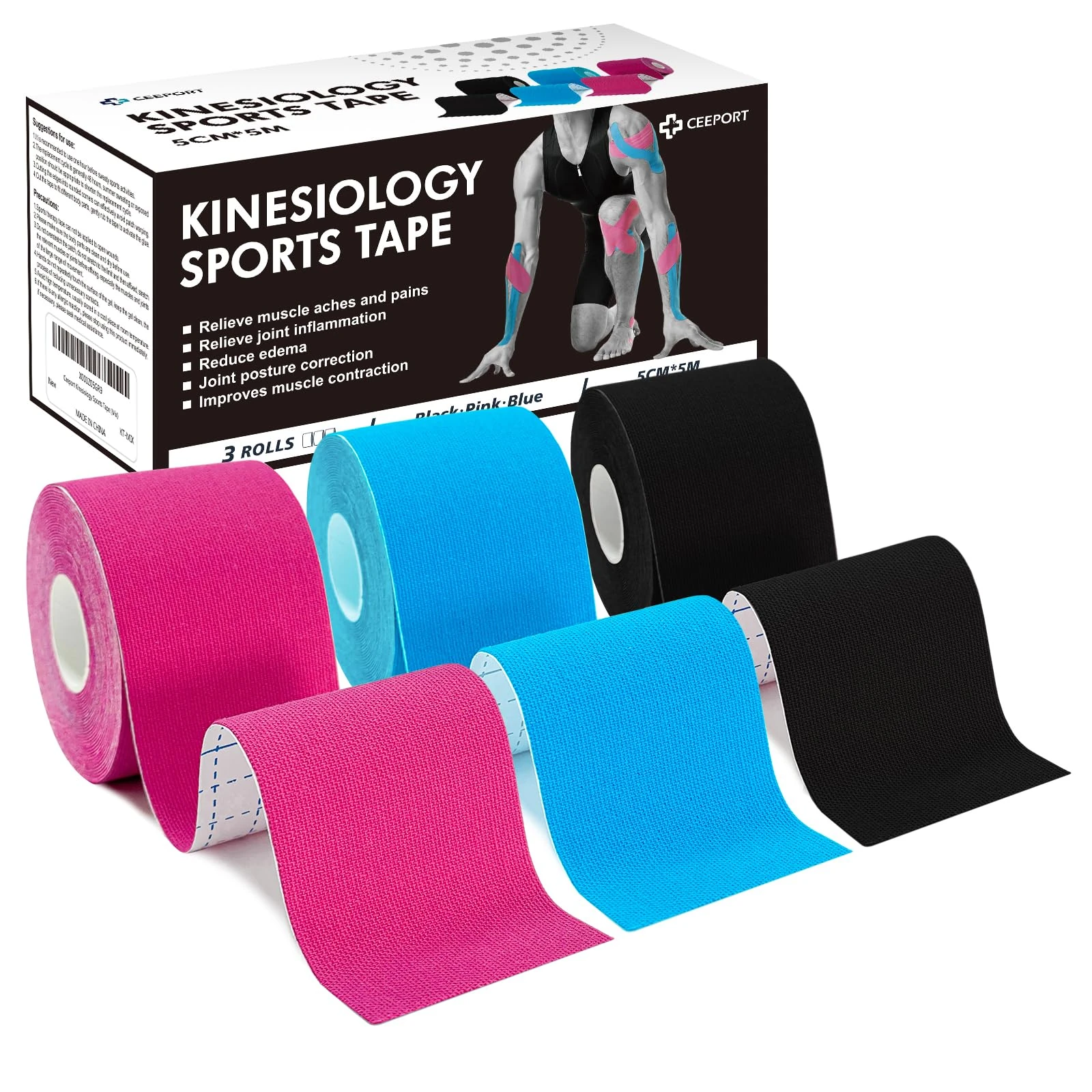 Ceeport Kinesiology Tape (5cm x 5m, 3 Roll) Elastic Muscle Sports Tape for Joint and Body Muscle Support, Shoulder, Ankle, Elbow, Wrist, Shin Splints and Knee Muscle Pain Relief (Black+Pink+Blue)