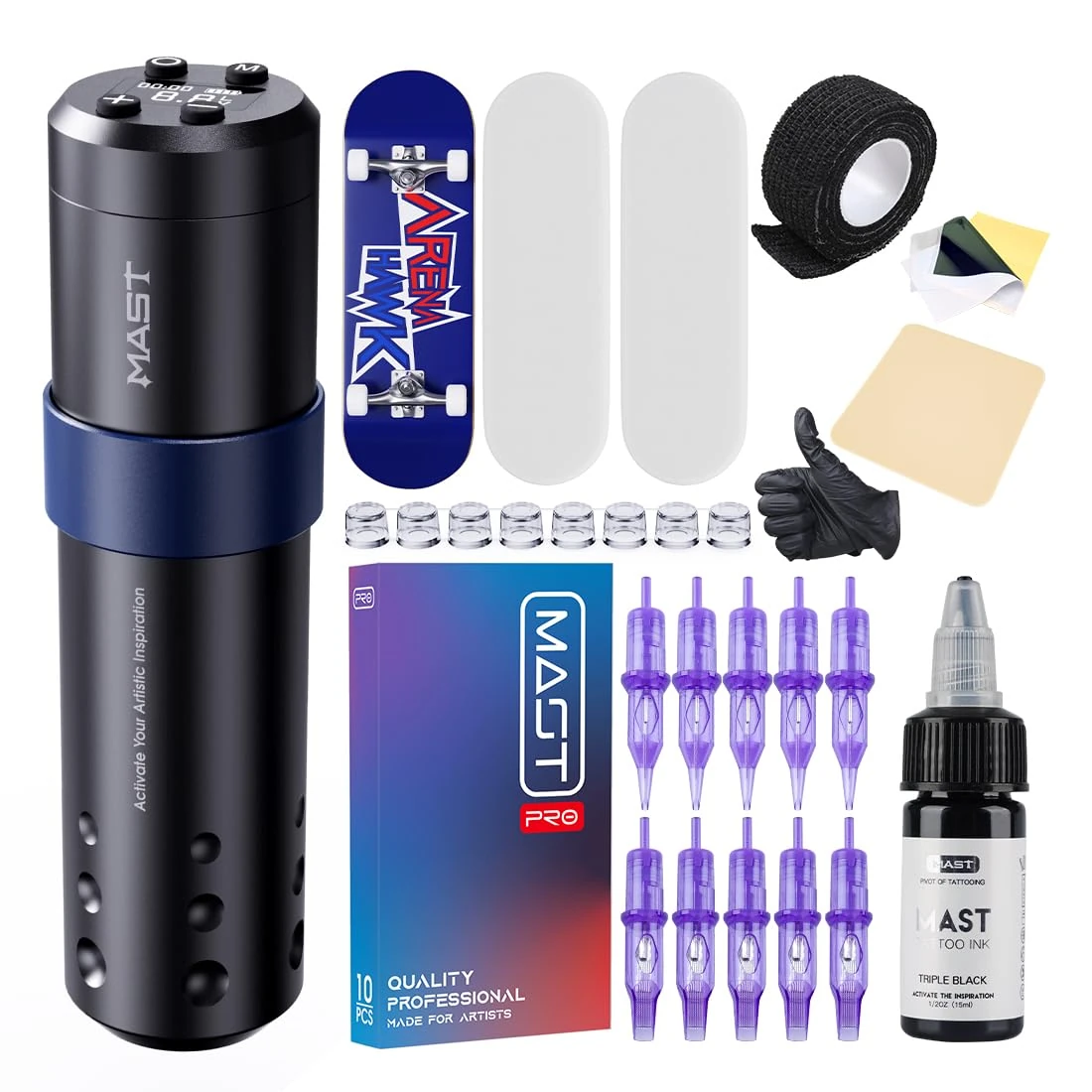 MAST Tattoo Kit, Wireless Tattoo Gun Machine, Complete Kit with A3 Motor, Finger Skate Practice Skin for Beginners, Tattoo Needles Cartridges