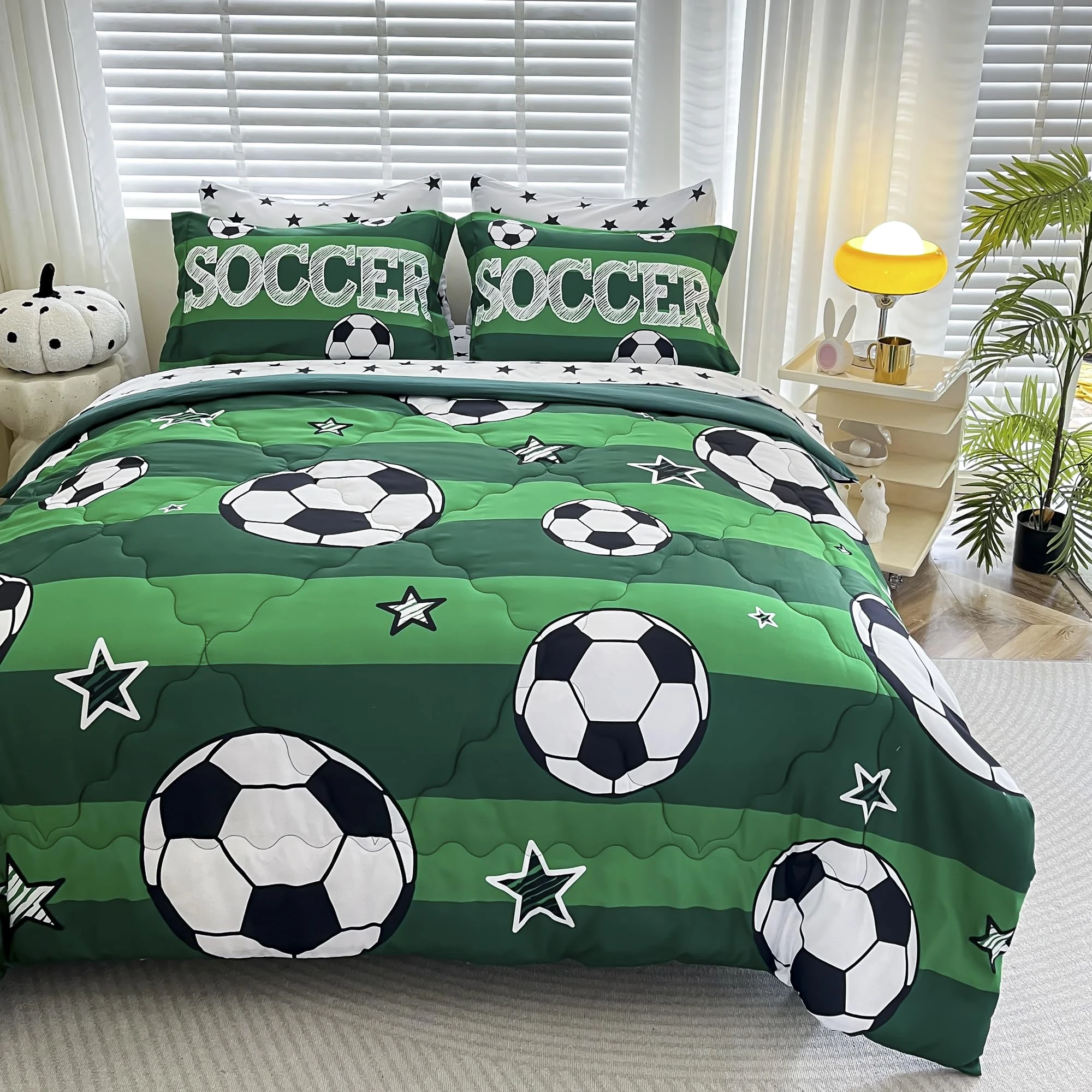 Gusuhome 7 Piece Boys Soccer Comforter Set Full Size Bed in A Bag 3D Football Playground Sports Bedding Set for Kids Microfiber Comforter All Season Green