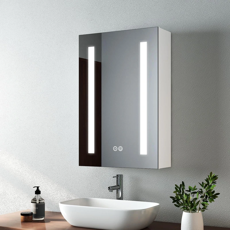 EMKE Led Bathroom Mirror Cabinet, Bathroom Wall Mirror Cabinet with Led Lights with Shaver Socket, Illuminated Mirror Cabinet with Anti Fog, Dimmable & 3 Colors, Memory Function 40L x 60H x 14.5D cm