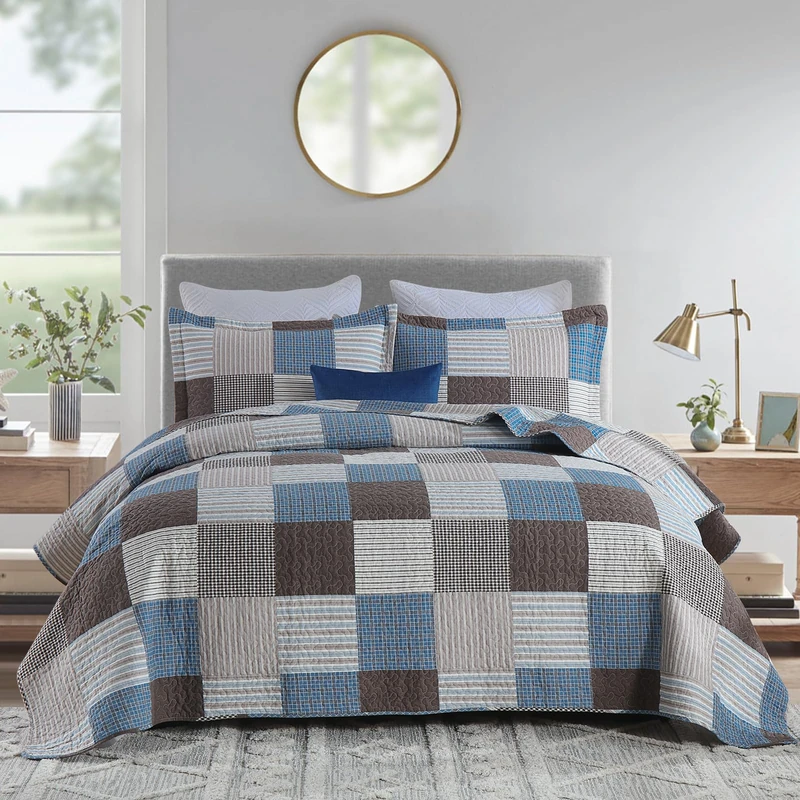 Finlonte Quilts Queen Size - 100% Cotton Plaid Queen Comforter Set Farmhouse Modern Quilt Bedding Set, Reversible Lightweight Soft Bedspread, Blue Brown Quilted Coverlet All-Season, 3-Piece