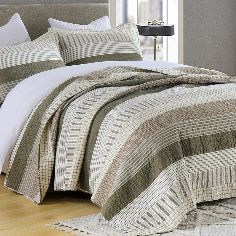 Finlonte 100% Cotton King Size Quilt Set, Patchwork Striped King Quilt Bedding Set Farmhouse Bedspread, Lightweight Quilted Comforter Reversible Bed Spread for All Season, Green/Brown/Cream, 3 Pieces