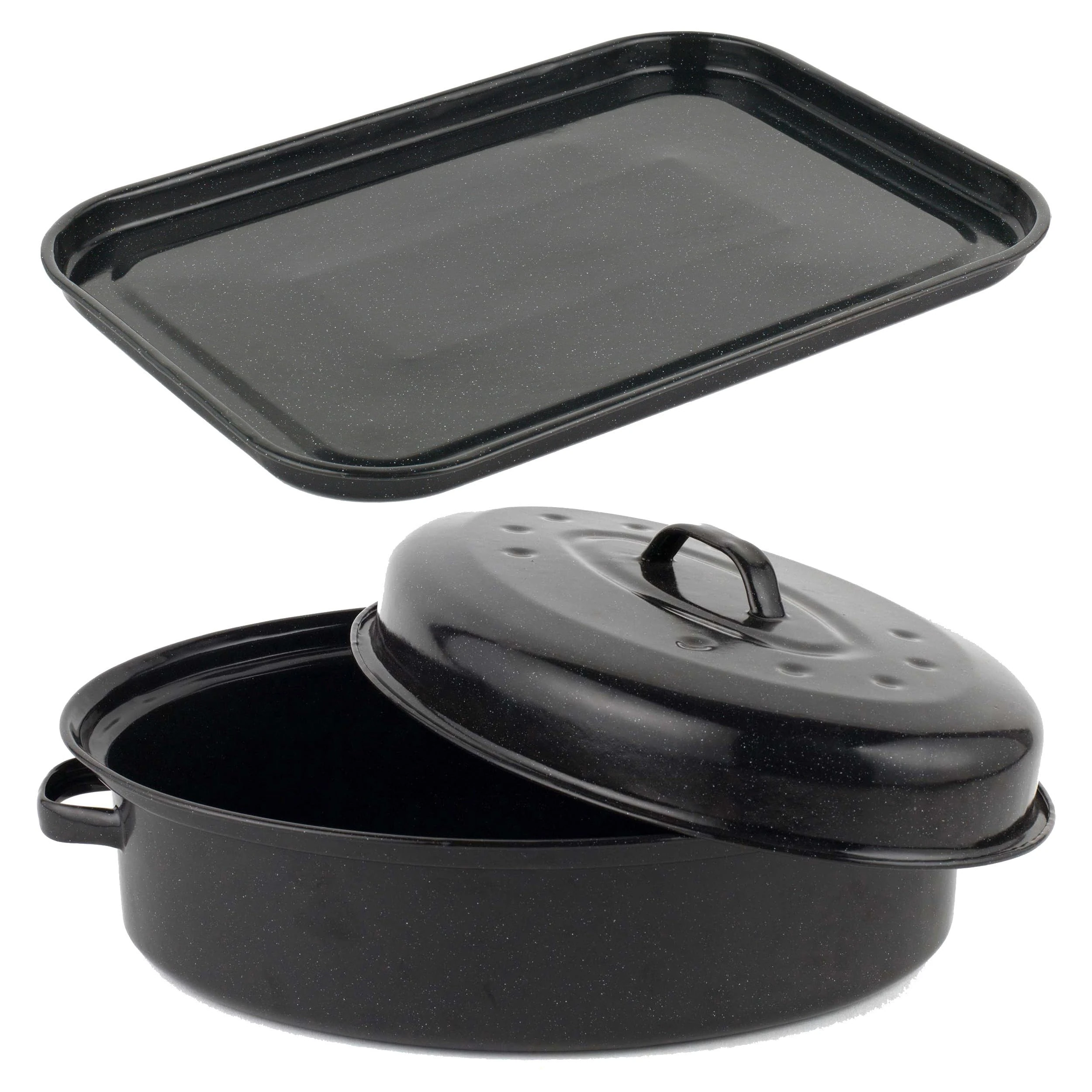 Salter COMBO-9149 Baking Tray & Roaster Set - Vitreous Enamel Coated Steel Self-Basting Roasting Tin with Lid, Flat Oven Pan, Large Cookie Sheet, PFAS-Free, Oval Cooking Dish, Dishwasher Safe, Black