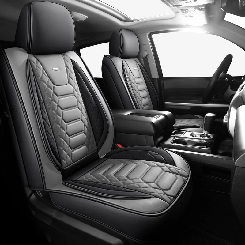FREESOO Tundra 2007-2021 Full Set Seat Covers, Fit for Toyota Tundra Crewmax Cab, Custom Truck Seat Covers with Waterproof Faux Leather BlackGrey