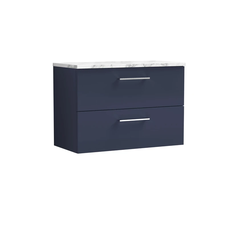 nuie ARN2926LCM Arno Modern Bathroom Wall Hung 2 Soft Close Drawer Vanity and Carrera Marble Laminate Worktop, 800mm, Midnight Blue