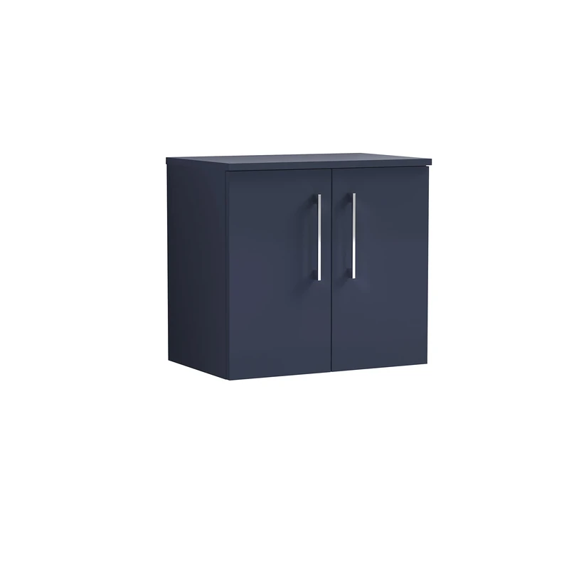 nuie ARN2923W Arno Modern Bathroom Wall Hung 2 Soft Close Door Vanity and Colour Coordinating Worktop, 600mm, Midnight Blue