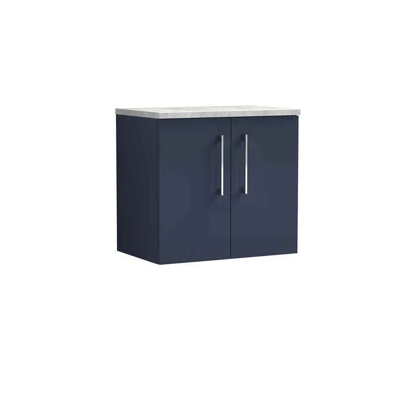 nuie ARN2923LBG Arno Modern Bathroom Wall Hung 2 Soft Close Door Vanity and Bellato Grey Laminate Worktop, 600mm, Midnight Blue