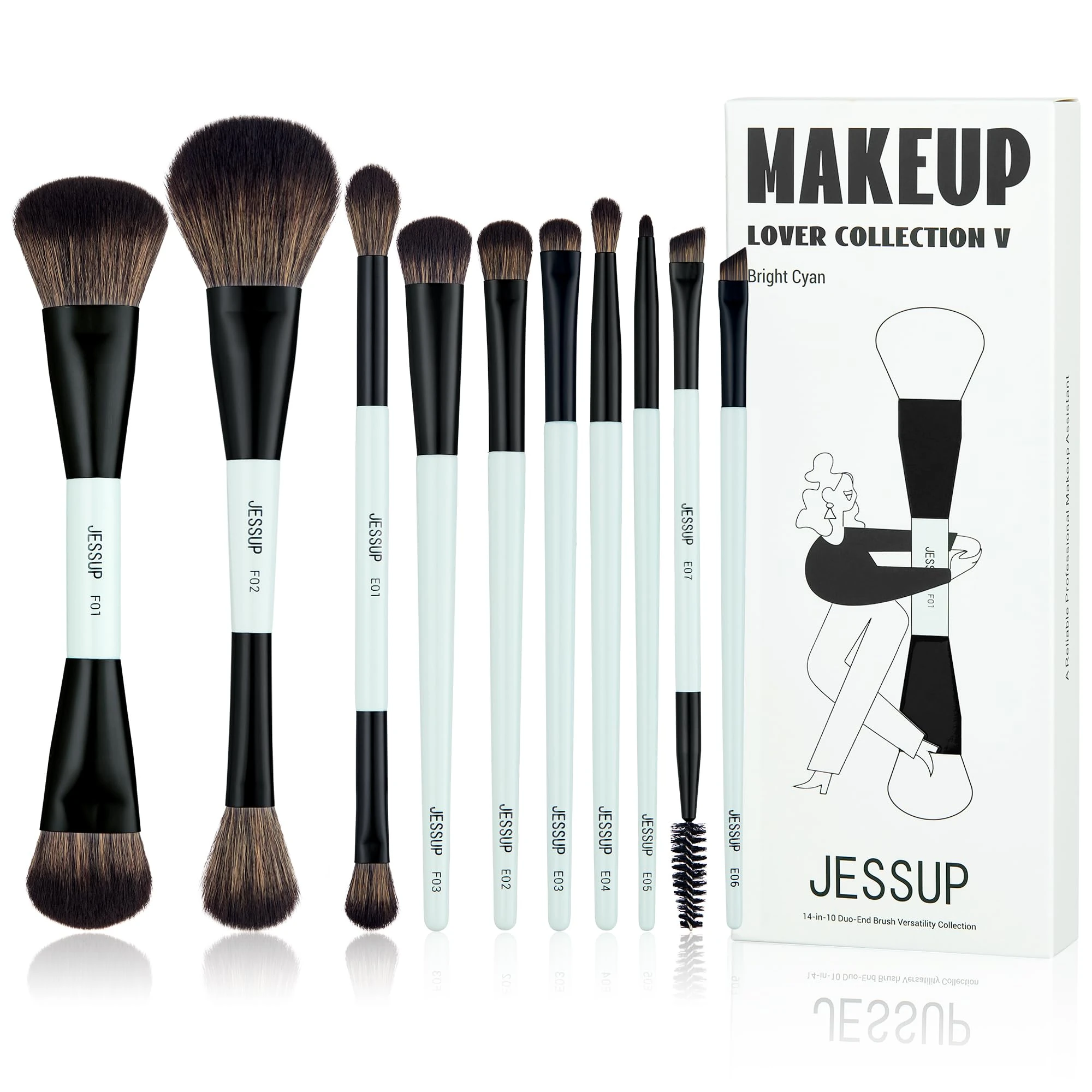Jessup Makeup Brushes Sets 10pcs Double Ended Make up Brushes for Foundation Contour Blush Highlight Blending Eyebrow Brush Eyeshadow Eyeliner Concealer Brush Cruelty Free, Bright Cyan T500